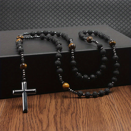 Black Lava Rock & Tiger Eye Cross Necklace