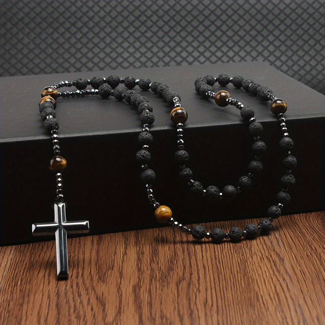 Black Lava Rock & Tiger Eye Cross Necklace
