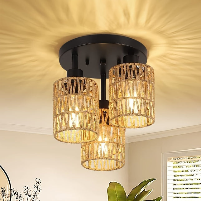 Boho Chic 3-Flame Rattan Ceiling Lamp – Vintage Bamboo Design