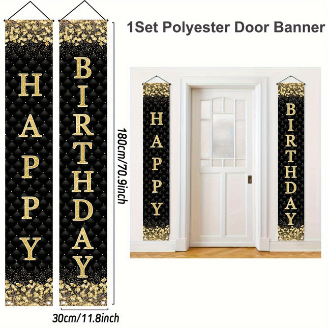 1pair Happy Birthday Black Golden Checkered Door Curtain