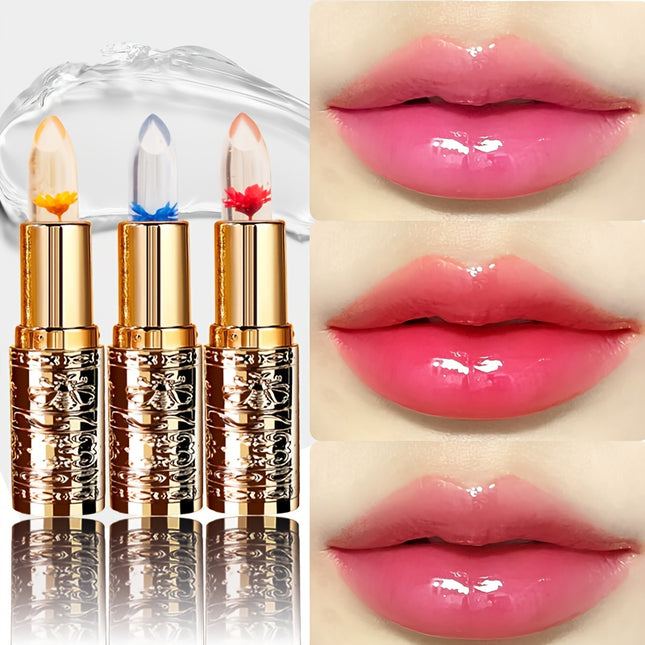 3pcs Flower-Shaped Crystal Gel Lipstick Set – Color Changing