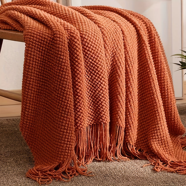 Warm Orange Tassel Knitted Throw Blanket - Stylish & Cozy
