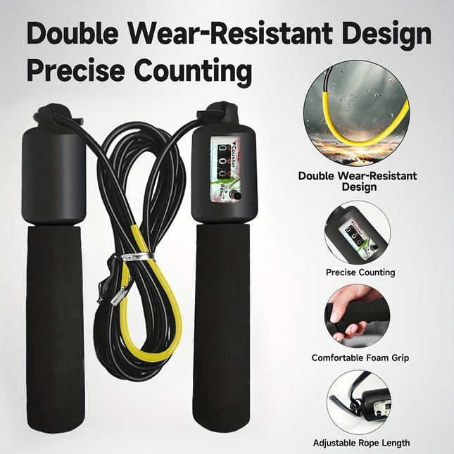 Adjustable Black Jump Rope with Counter & Foam Grip