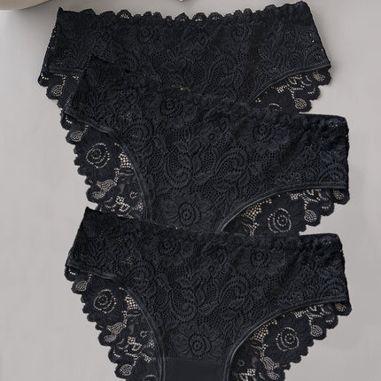 3pcs Solid Lace Briefs, Comfy & Breathable