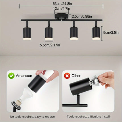 Black Metal 4-Light LED Ceiling Spotlight - Swivel Design