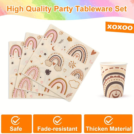 80-Piece Bohemian Brown Rainbow Themed Disposable Tableware Set
