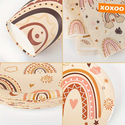 80-Piece Bohemian Brown Rainbow Themed Disposable Tableware Set