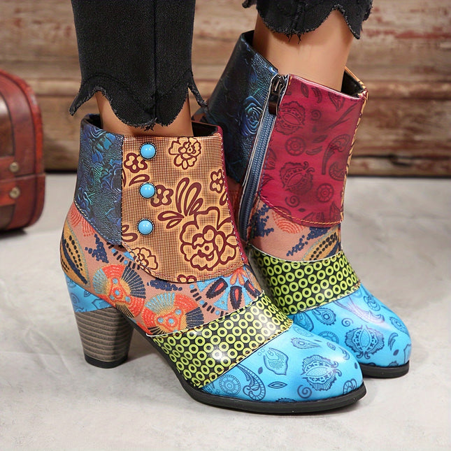 Floral Pattern Chunky Heel Ankle Boots