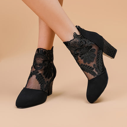 Elegant Floral Lace Chunky Heel Boots