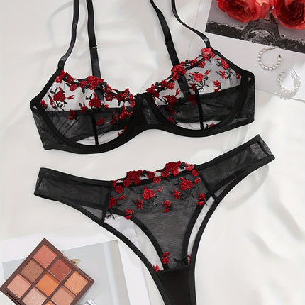 Floral Embroidery Mesh Lingerie Set
