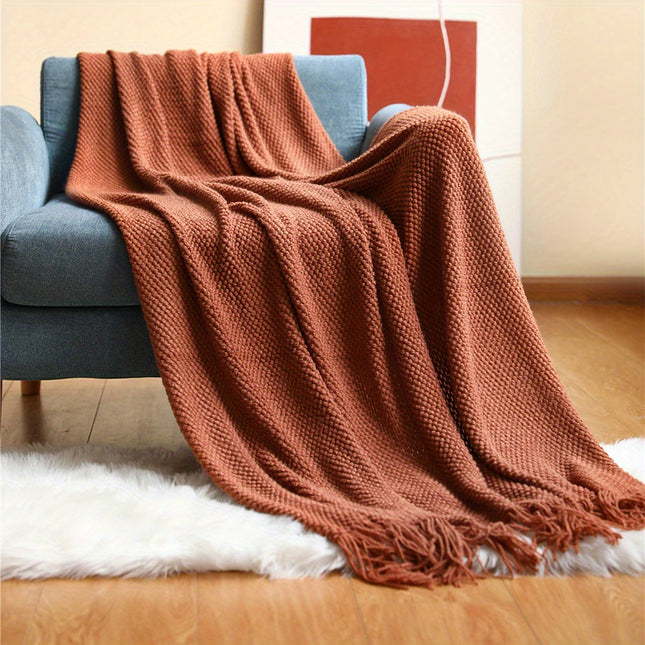 Knitted Throw Blanket with Tassels - Lightweight & Cozy