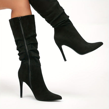 Pleated Point Toe Knee-High Boots