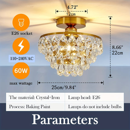 Elegant Golden Crystal Ceiling Light - E26 Flush Mount