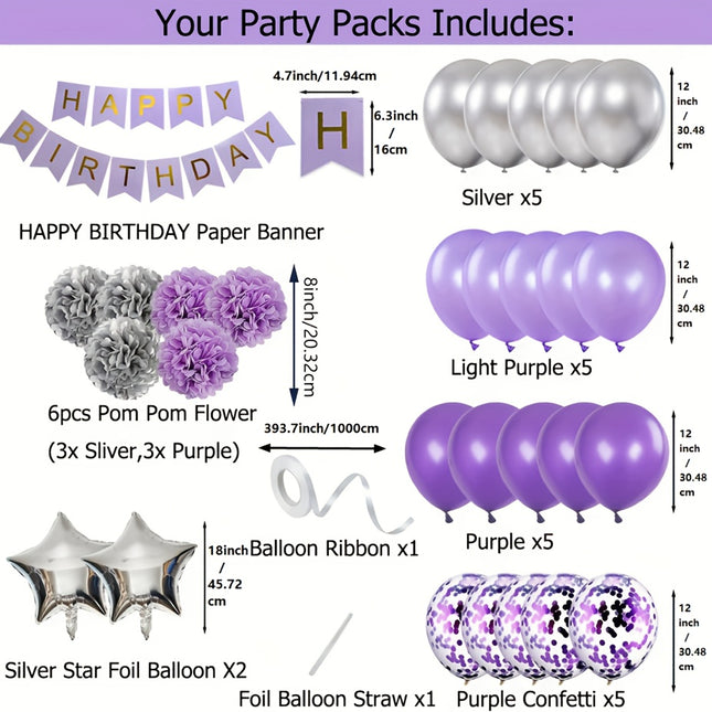 31pcs Purple and Silvery Lavender Party Decoration Set for Girls