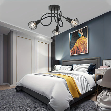 Industrial 3-Light Ceiling Fixture – Black Metal Cage Design