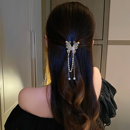 Elegant Rhinestone Butterfly Tassel Hair Clip