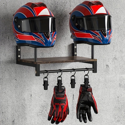 Wooden Motorcycle Helmet Wall Rack with Shelf & Gear Hook