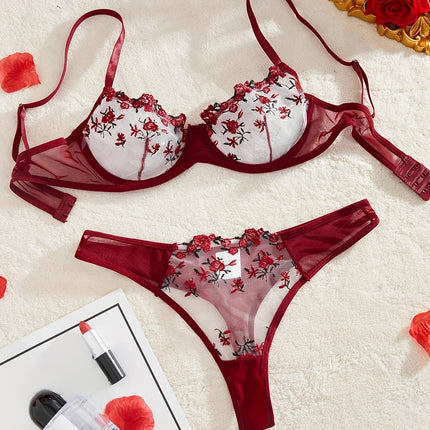 Floral Embroidery Mesh Lingerie Set