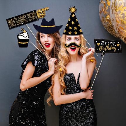 36pcs Black & Golden Birthday Photo Booth Props Set