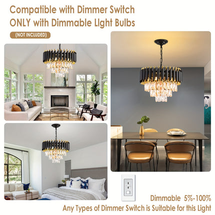 Elegant 3-Tier Black & Gold Crystal Chandelier - Modern Flush Mount