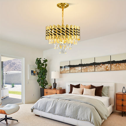Sleek Black & Gold Crystal Chandelier – 3-Tier Elegance