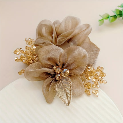 Elegant Champagne Hair Tie – Rose & Twist Detail Ponytail Holder