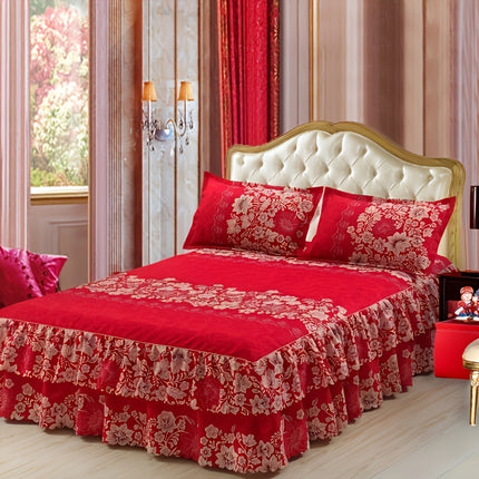 Luxury 3pcs Bed Skirt Set with Floral Print & Pillowcases