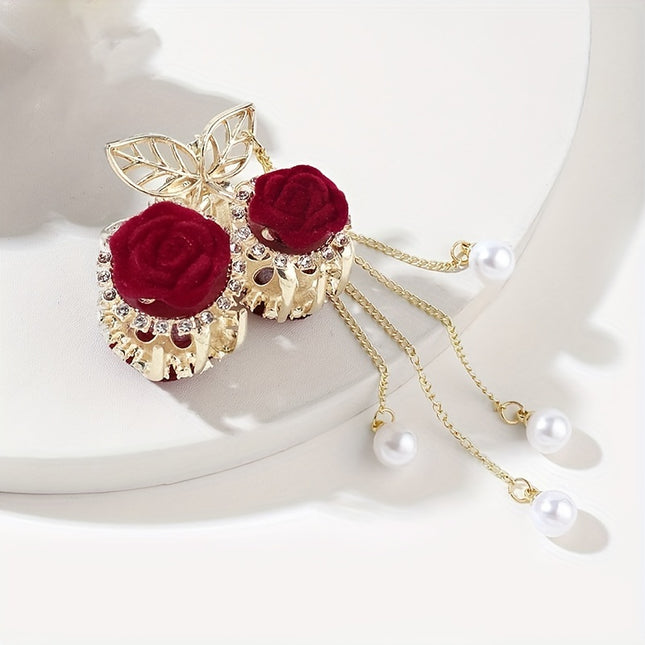 Elegant Red Rose Tassel Hair Clip
