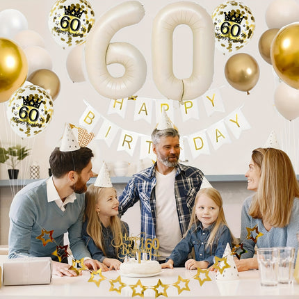 60th Party Decoration Kit – Golden & White Balloons Set
