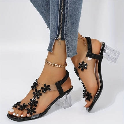 Floral Rhinestone Chunky Heels – Stylish & Comfortable