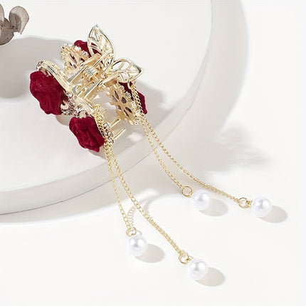Elegant Red Rose Tassel Hair Clip