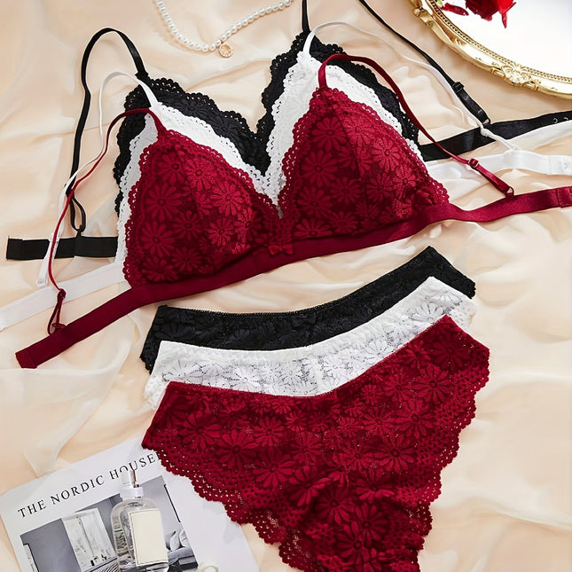 3pcs Floral Lace Bra & Panties Set
