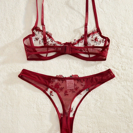 Floral Embroidery Mesh Lingerie Set