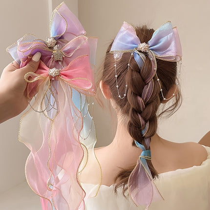 Cute Mesh Bow Ribbon Hair Clips – Faux Pearl Tassel