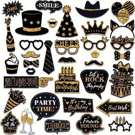 36pcs Black & Golden Birthday Photo Booth Props Set