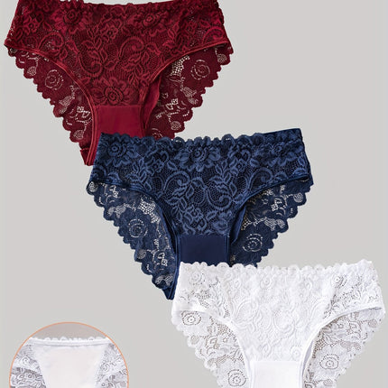 3pcs Solid Lace Briefs, Comfy & Breathable