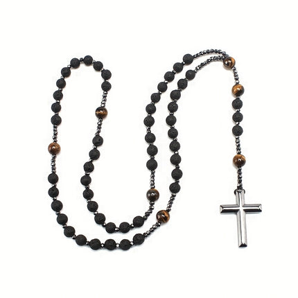 Black Lava Rock & Tiger Eye Cross Necklace