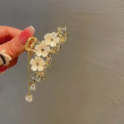 Camellia Rhinestone Faux Pearl Tassel Hair Clip