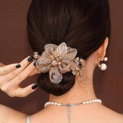 Elegant Champagne Hair Tie – Rose & Twist Detail Ponytail Holder