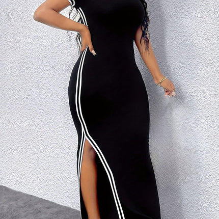 Women'S Striped Border Slit Long Dress