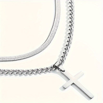 Men's Stainless Steel & Titanium Cross Necklace Set