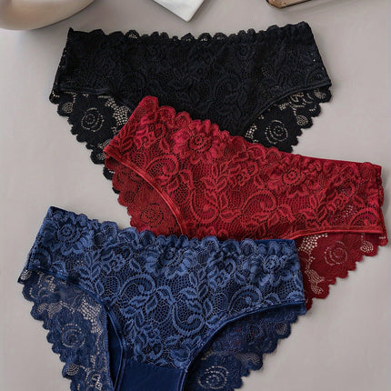 3pcs Solid Lace Briefs, Comfy & Breathable