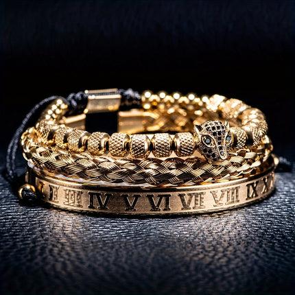3pcs Men's Braided & Roman Numeral Bracelet Set