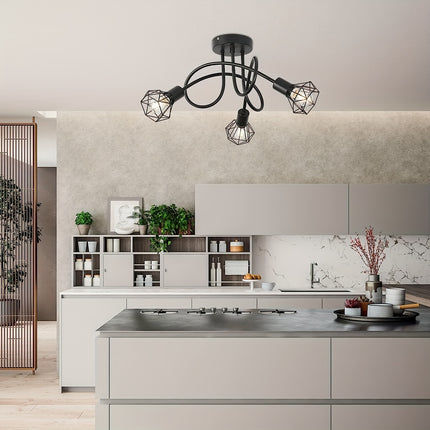 Industrial 3-Light Ceiling Fixture – Black Metal Cage Design