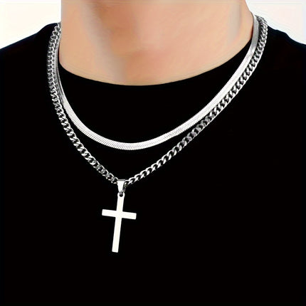 Men's Stainless Steel & Titanium Cross Necklace Set