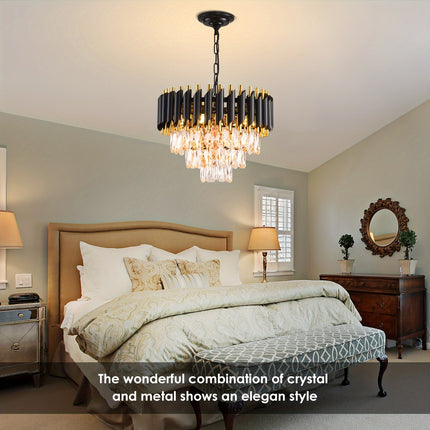 Elegant 3-Tier Black & Gold Crystal Chandelier - Modern Flush Mount