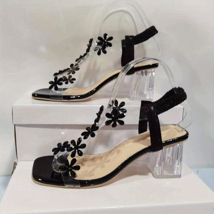 Floral Rhinestone Chunky Heels – Stylish & Comfortable