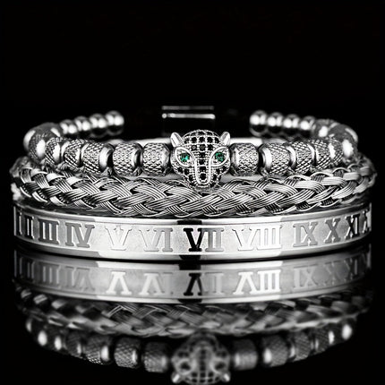 3pcs Men's Braided & Roman Numeral Bracelet Set