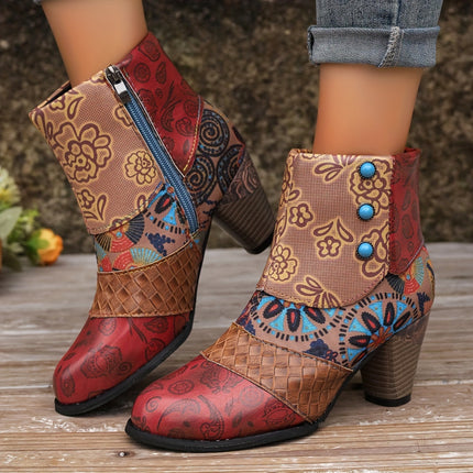 Floral Pattern Chunky Heel Ankle Boots