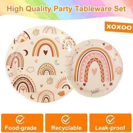 80-Piece Bohemian Brown Rainbow Themed Disposable Tableware Set